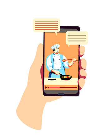Online recipe or education for cooking by internet. Phone display with instructions of prepare, remote culinary lesson. Distant food preparing master class. Vector for chef course applicationのイラスト素材