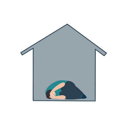 Sad man in depression laying alone in house. Vector metaphor for lonely depressed person in stress, psychology problemのイラスト素材
