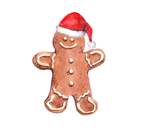 Gingerbread man in red holiday hat. Watercolor ginger cookies for Christmasの写真素材