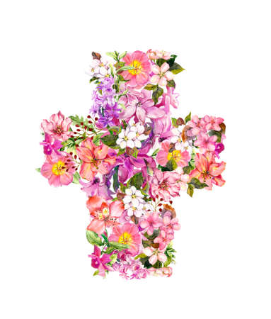 Floral Easter cross with flowers. Watercolor illustrationの写真素材