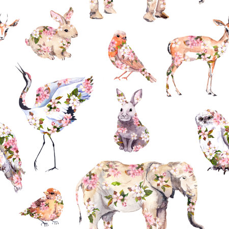 Pastel animals in pink spring flowers. Childish seamless pattern. Watercolorの写真素材