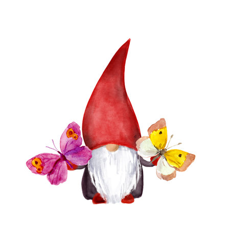 Cute gnome, summer butterfly. Hand painted watercolor imageの写真素材