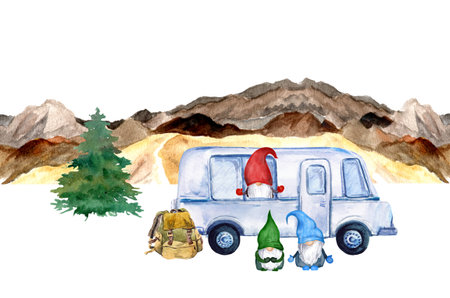 Gnomes in trailer in mountain travel. Outdoor family activity, summer local tourism watercolorの写真素材