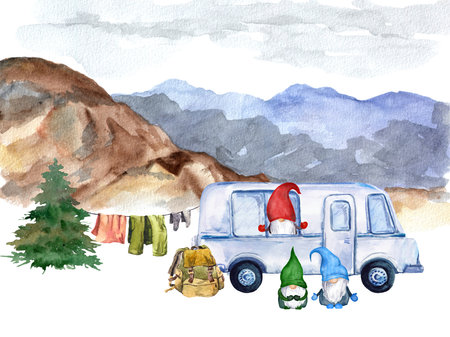 Gnome family travel in van car. Mountains trailer trip, tourism, outdoor activities watercolorの写真素材