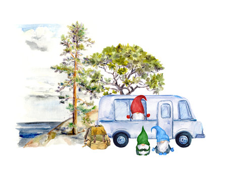 Gnome travel - trailer car, pine tree and lake landscape, gnomes family. Summer trip, automobile tourism watercolorの写真素材