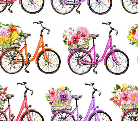 Bicycles and flowers in basket. Seamless pattern. Watercolorの写真素材