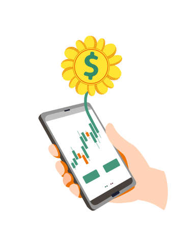 Phone with growth of finance with money tree flower in success earning. Mobile application with investment index.Trader, investor concept for stock trading design by digital technologyのイラスト素材