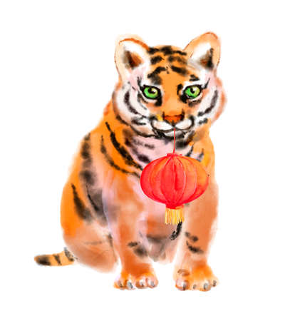 Tiger pet with traditional chinese lantern. Watercolor animal for chinese new year 2022の写真素材
