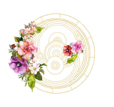 Flowers with golden esoteric circles. Watercolor for sacred magic, mysticism, yogaの写真素材