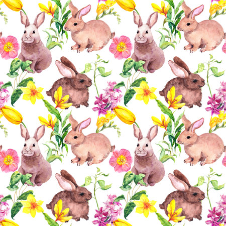 Adorable rabbit animals in spring flowers. Decorative floral repeating background with easter bunny in grass. Watercolor seamless pattern with hare animals pet in meadow for Mothers dayの写真素材