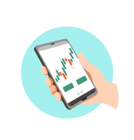 Smartphone with financial diagram on display of device. Mobile app, invest statistic. Young investor concept for stock trading designのイラスト素材