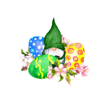 Cute gnome with Easter eggs, cherry blossom pink flowers. Watercolorの写真素材
