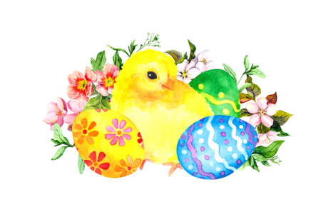 Easter eggs, cute little chick, decorated colored eggs, spring flowers. Watercolor holiday illustrationの写真素材