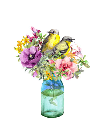 Meadow flowers in vintage pail. Watercolor illustrationの写真素材