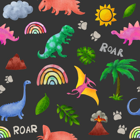 Kids style dinosaurs repeat pattern. Prehistoric fantastic dino, sun, palm trees, mountains. Watercolor seamless design on blackの写真素材