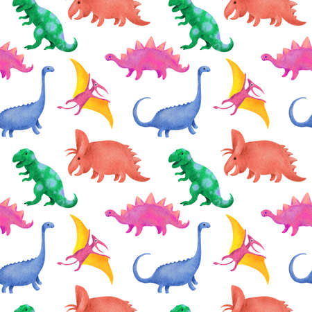 Dinosaurus seamless pattern. Chidish design with lovely prehistoric dino in pastel colors. Watercolorの写真素材