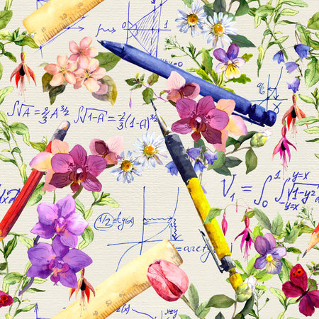 Pen, pencil, ruler - school supplies, flowers. Seamless education pattern with hand written notes....