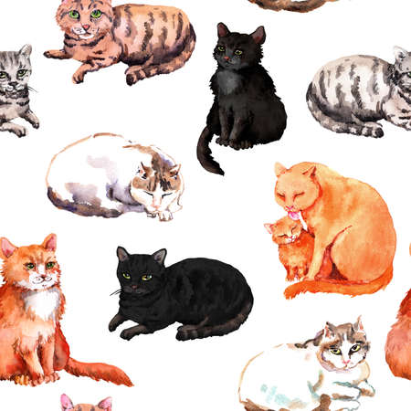 Cat seamless pattern. Many cats various colors, a lot of kitten. Watercolor repeated animal illustration backgroundの写真素材