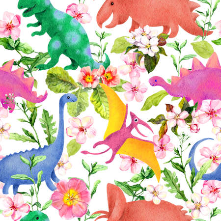 Dinosaurs in flowers and grass. Childish seamless pattern. Cute character dino in summer plants. Watercolor repeating kids design with prehistoric animalsの写真素材