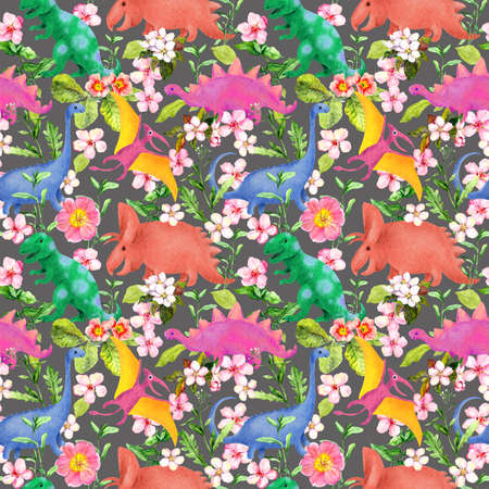 Character dinosaurs seamless pattern with flowers. Watercolor fantastic cartoon dino illustration. Floral repeated design on grey backgroundの写真素材