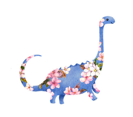 Dinosaur in flowers. Cute cartoon decorative diplodocus in spring cherry blossom. Character floral dino in beautiful pink plants. Beautiful watercolorの写真素材