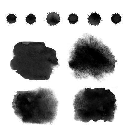 Set of black water paint backgrounds, drops. Watercolor blot stains, spots collection. Hand painted liquid splash. Abstract splot and blotchiness, wet edges texture for Halloween, Black Friday saleの写真素材