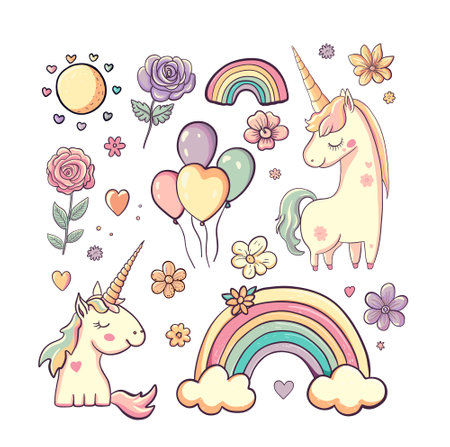 Cute unicorn set. Rainbow, beautiful magic animals, flowers, sun, air balloons. Vintage pastel fantasy collection for unicorns designのイラスト素材
