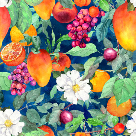 Tropical fruits natural seamless pattern: mango, grape, flowers. Watercolor exotic plants. Repeat colorful jungle garden pattern. Lush summer designの写真素材