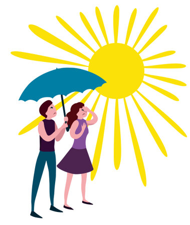 People under umbrella in summer heat. Overheated hot sun. High temperature, global warming design. Vector flat cartoon illustrationのイラスト素材