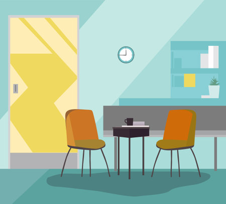 Medical rest room interior, business office apartment for waiting inside. Desk, chairs in room workplace. Professional apartment for rest meetingのイラスト素材