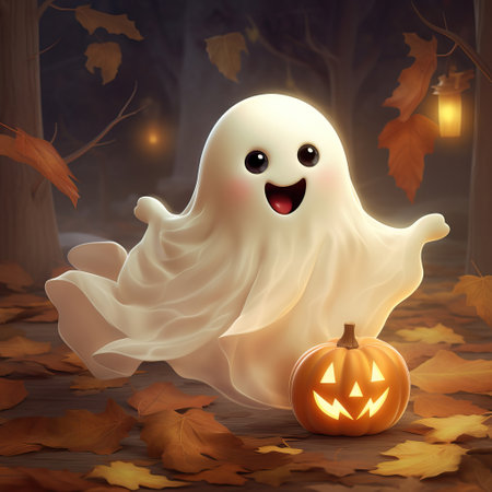 Halloween cute ghost with jack lantern pumpkin. Funny childish spirit design. Holiday treak or treat illustrationの素材