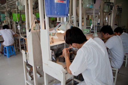 Process of the jade furnishing in factory located at Ruili, Yunnan provinceのeditorial素材