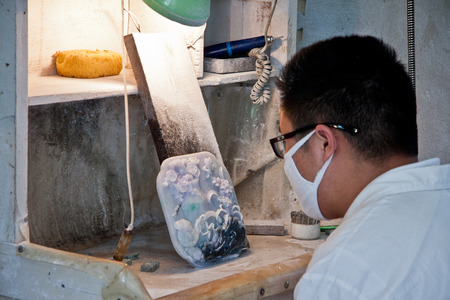 Process of the jade furnishing in factory located at Ruili, Yunnan provinceのeditorial素材