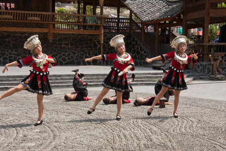 Performing in traditional costume of Miao ethnicのeditorial素材