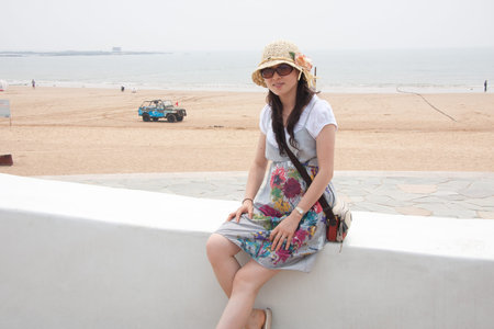 Photo shooting at the scenic spots of the golden sand beachのeditorial素材