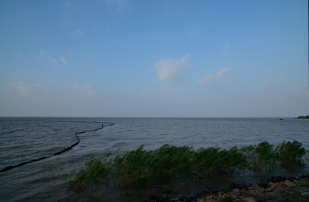To protect the water quality in the South Bank floating close to the South Bank, cast in the Lake was blocked by a long cable.の写真素材