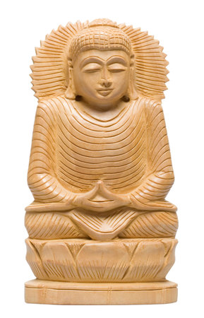 Isolated Wood Carving - Wooden Buddha statue from Nepal isolated on the white backgroundの写真素材