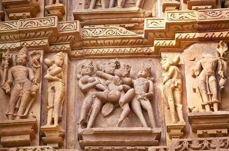 Ancient basrelief at famous erotic temple in Khajuraho Chhatarpur district of Madhya Pradesh Indiaの写真素材