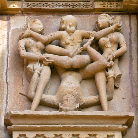 Ancient basrelief at famous erotic temple in Khajuraho Chhatarpur district of Madhya Pradesh Indiaのeditorial素材