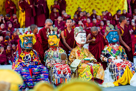 KATHMANDU, NEPAL - MARCH 25: Buddhist monks performing Cham mystery at Shechen monastery on March 25, 2010 in Kathmandu, Nepal. Cham dances are considered a form of meditation and an offering to the gods.のeditorial素材
