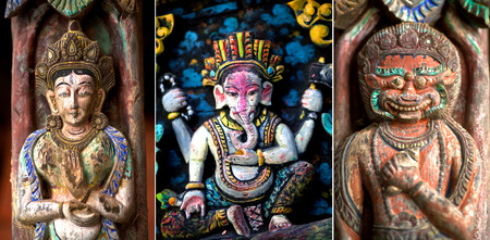 Set of ancient wooden carving on the facade of a temple on Durbar Square in Bhaktapur, Kathmandu valley, Nepalのeditorial素材