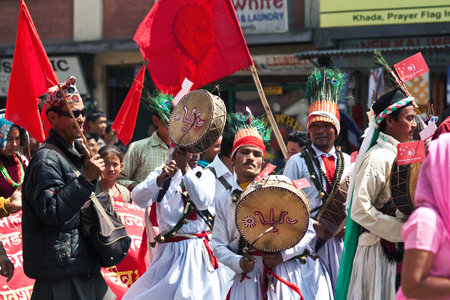 KATHMANDU, NEPAL - MARCH 27: Supporters of the Communist Party of Nepal Maoist protest on March 27, 2010 in Katmandu, Nepal.のeditorial素材