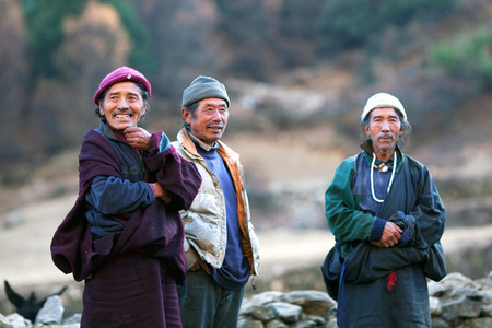 LHO, MANASLU CONSERVATION AREA, GORKHA, NEPAL - NOVEMBER 28: Tibetan monks poses for a photo on November 28, 2009 in in Lho village, Gorkha District, Nepalのeditorial素材