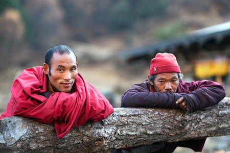 LHO, MANASLU CONSERVATION AREA, GORKHA, NEPAL - NOVEMBER 28: Tibetan monks poses for a photo on November 28, 2009 in in Lho village, Gorkha District, Nepalのeditorial素材