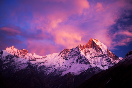 Mount Machapuchare Fishtail at sunset, view from Annapurna base camp. Machapuchare or Machhaphuchhare is a mountain in the Annapurna Himal of north Central Nepal.の写真素材