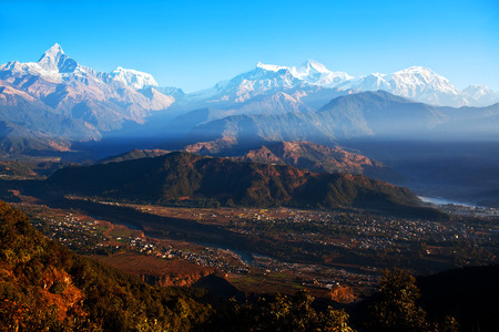 View of the Himalayan mountains from Sarangkot hill, Pokhara, Nepalの写真素材