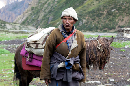 SHEY, NEPAL - SEPTEMBER 4: Tibetan nomad with horse working at Shey Gompa on September 4, 2011 in...