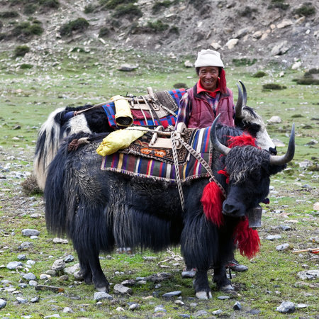 SHEY, NEPAL - SEPTEMBER 4: Tibetan nomad with yaks working at Shey Gompa on September 4, 2011 in Shey village, Nepalのeditorial素材