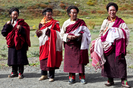 DHO TARAP, NEPAL - SEPTEMBER 11: An unidentified Tibetan monks posing for the photo during the local Dho Tarap Full Moon Festival on September 11, 2011 in Dho Tarap Village, Dolpo district, Nepalのeditorial素材