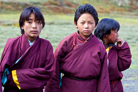 DHO TARAP, NEPAL - SEPTEMBER 10: Students of Crystal Mountain School poses for a photo during Full Moon festival on September 10, 2011 in Dho Tarap village, Dolpo, Nepalのeditorial素材